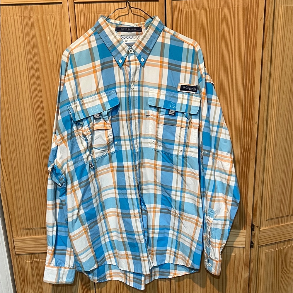 PFG Columbia Men's Blue and Orange Plaid Shirt